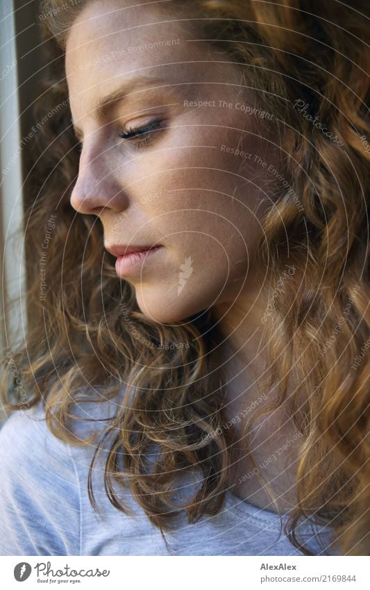 close side portrait of redhead woman with curls and freckles Elegant pretty Face Senses Young woman Youth (Young adults) Head Hair and hairstyles 18 - 30 years