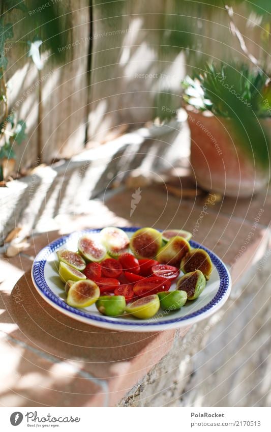 #A# Snack for lunch Art Esthetic Plate Lunch hour Snackbar Sunbeam Shadow play Wall (barrier) Mediterranean Fig Tomato Colour photo Multicoloured Exterior shot