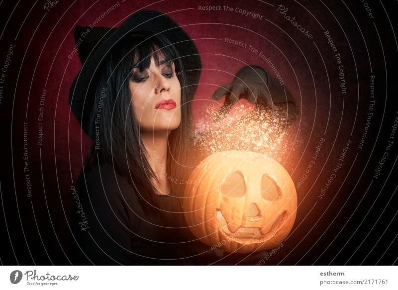 Beautiful woman like witch with pumpkin in Halloween Lifestyle Party Event Feasts & Celebrations Hallowe'en Human being Feminine Young woman