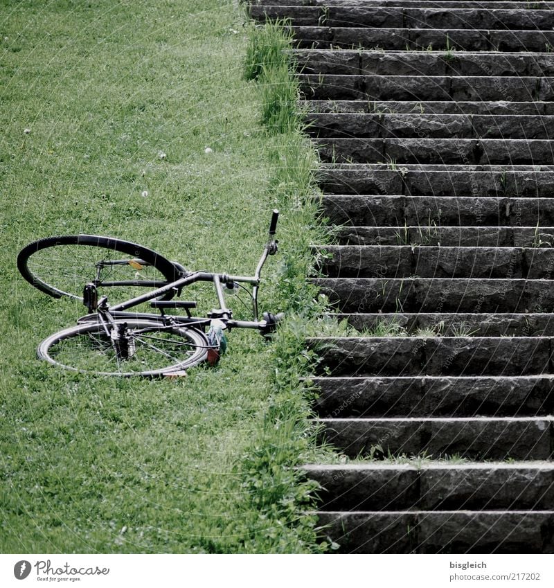 I'll be off. Calm Trip Grass Stairs Bicycle Gray Green Colour photo Subdued colour Day Exterior shot Deserted Meadow Lie