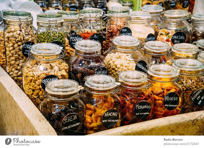 Dried Fruits In Glass Jars For Sale In Market Food Vegetable Herbs and spices Nutrition Eating Organic produce Vegetarian diet Diet Bottle Shopping Nature