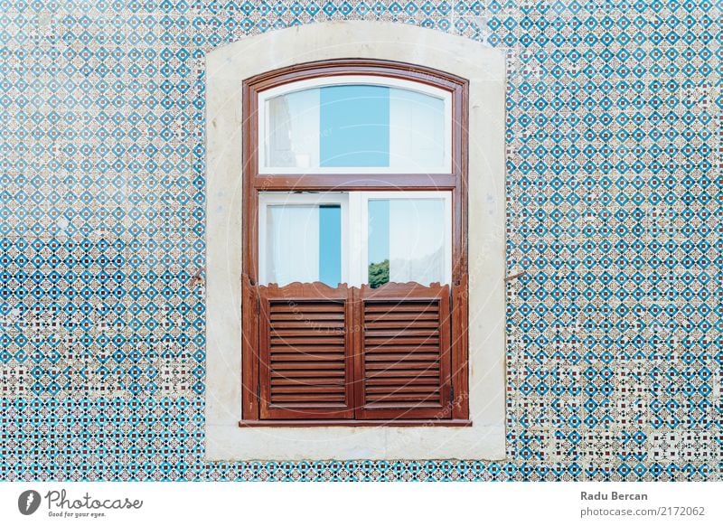 Vintage Wooden Window On Blue Tile Wall In Lisbon, Portugal Style Design House (Residential Structure) House building Decoration Small Town Downtown