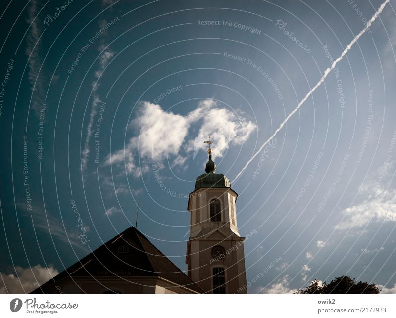 high baroque Sky Clouds Church Tower Window Exceptional Dark Large Infinity Tall Blue Lausitz forest Saxony Germany motorway church Church spire Vapor trail