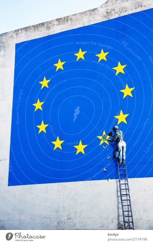 Brexit , Grexit, ...exit ... Craftsperson Ladder 1 Human being Wall (barrier) Wall (building) Sign Graffiti Euro symbol Europe emblem Star (Symbol)
