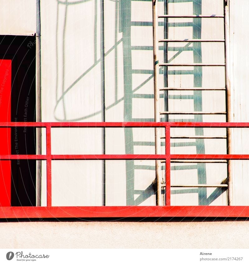 ways out Ladder Fire ladder Facade Escape route sunny Shadow Silhouette Metal Iron lines Stripe Safety Protection Regulation Rescue Wall (building)
