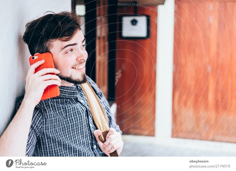 portrait of a happy man use his phone in the market Lifestyle Joy Happy Face Freedom Summer Success Telephone PDA Camera Human being Woman Adults Man Hand
