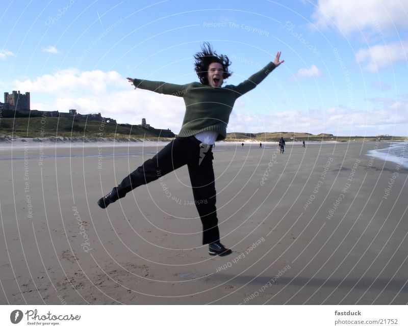 scotish jump Emotions Masculine Beach Great Britain England Portrait photograph Scotland Human being Joy Water Movement castle