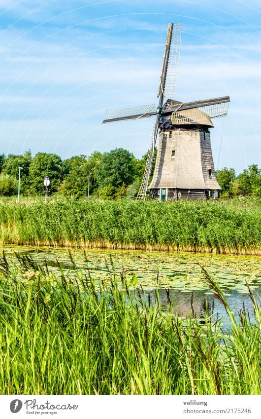 Traditional Dutch windmill Vacation & Travel Tourism Landscape Park River Building Architecture Green Alkmaar Europe Netherlands canal colorful field Mill water