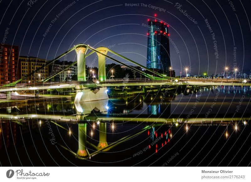 Frankfurt am Main, European Central Bank ECB Skyline High-rise Town City River Hesse Germany Bank building Banking district Night Morning Dawn Blue Architecture