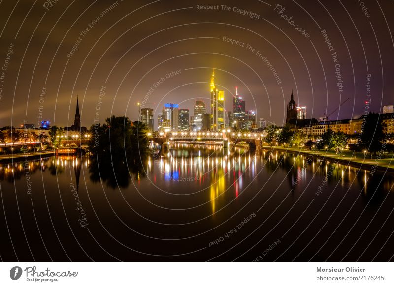 Mainhattan Skyline Frankfurt am Main High-rise Town City River Hesse Germany Bank building Banking district Night Morning Dawn Blue Architecture