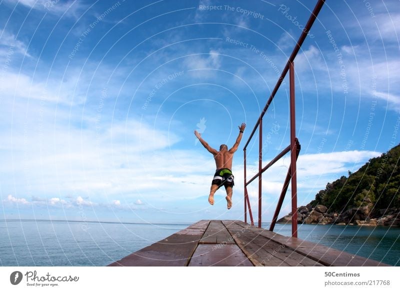 The leap into freedom - The leap into the water Man Adults 1 Human being Landscape Water Sky Clouds Summer Beautiful weather Ocean Thailand Fitness Flying