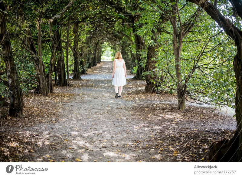 In the park 3 Relaxation Calm Trip Summer Feminine Woman Adults 1 Human being Nature Tree Park Forest Dress Blonde Going Green White Romance Loneliness Jinxed