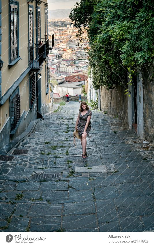 Woman in a small alley in Naples with a view of the city Day Evening Twilight Sunset Dusk Italy Vacation & Travel Travel photography Alley Feminine