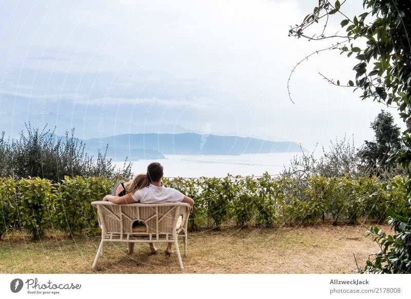 bench with a view Happy Harmonious Well-being Relaxation Vacation & Travel Freedom Sofa Young woman Youth (Young adults) Young man Couple Partner 2 Human being