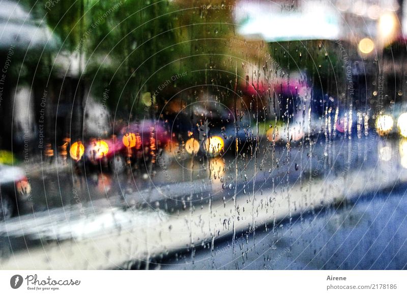 rush shower Water Drops of water Weather Bad weather Storm Rain Town Transport Means of transport Traffic infrastructure Motoring Street Car headlights Glass