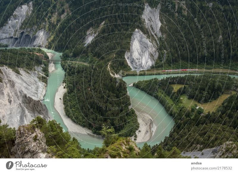 Rhine Gorge Bird's-eye view Canyon Turquoise Track Rock Limestone Forest mountains Flims Switzerland Red Railway track Bow Rhine loop Mountain Nature Landscape