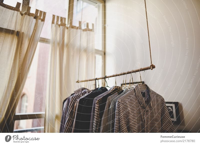 Home_30 Fashion Clothing Living or residing Men's fashion Hallstand Hanger Shirt Striped Loft Window Drape Bedroom Hang up Wall (building) Orderliness