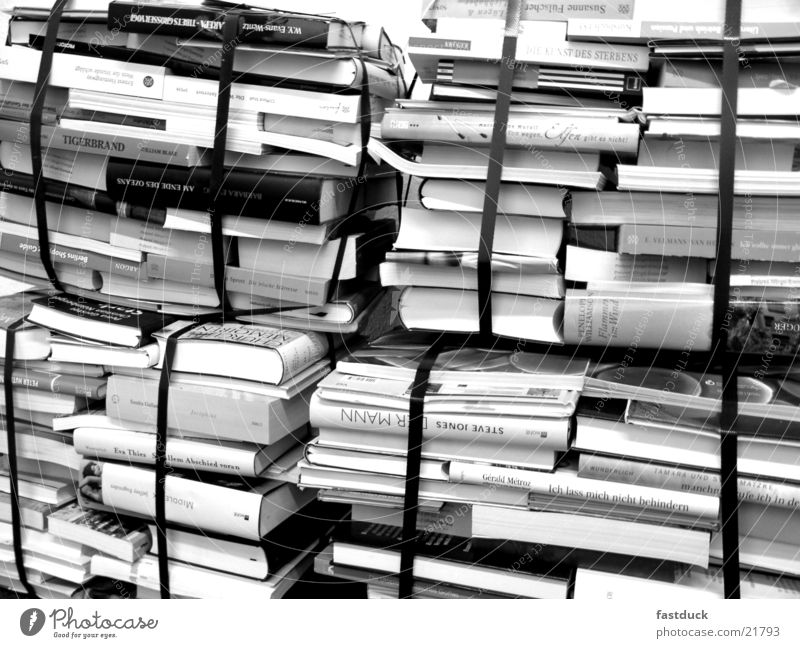 prepackaged knowledge Book fair Frankfurt Novel Stack Library Selection Black & white photo Bookshop Literature