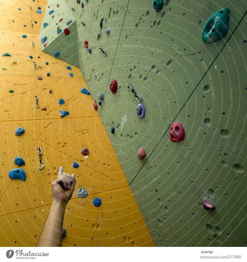 challenge Leisure and hobbies Sports Sporting Complex Arm Climbing wall Sharp-edged Tall Yellow Green Perspective Challenging Colour photo Interior shot Pattern