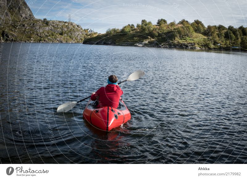 Red kayak in Norway Vacation & Travel Trip Adventure Aquatics Young man Youth (Young adults) Nature Elements Lakeside Bay Free Infinity Self-confident Optimism