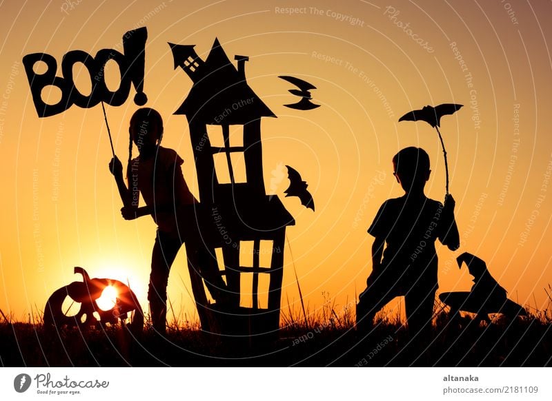Happy brother and sister playing outdoors Lifestyle Joy Playing House (Residential Structure) Feasts & Celebrations Hallowe'en Child Human being Boy (child)