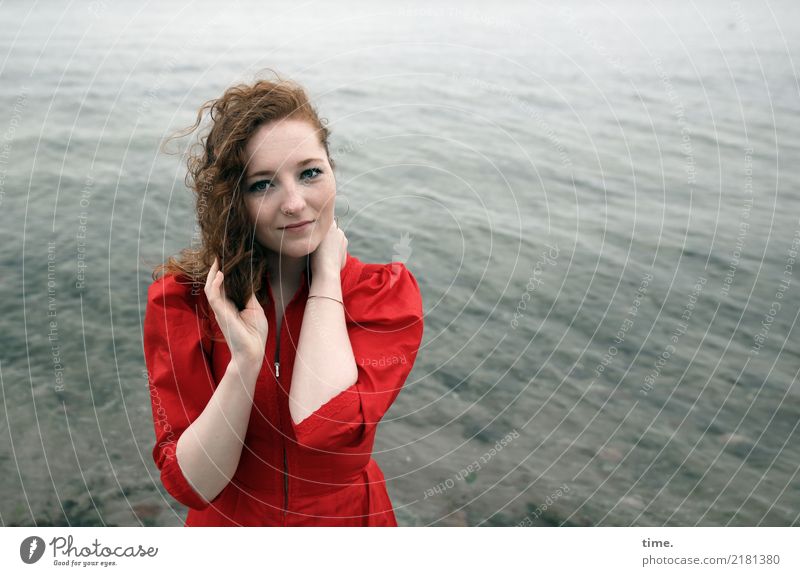 nina Feminine Woman Adults 1 Human being Water Waves Coast Baltic Sea Dress Red-haired Long-haired Observe To hold on Looking Stand Friendliness Beautiful