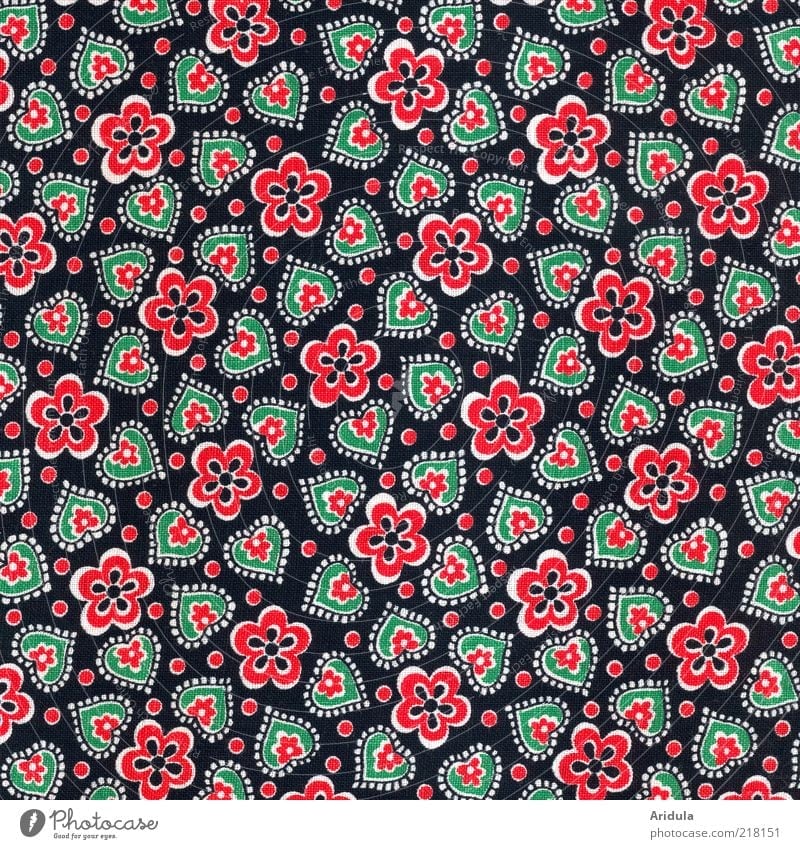 Fabric pattern, flowers and hearts Fashion Cloth Textiles Heart Design Black Red Green Point Cute Structures and shapes Pattern Cloth pattern Heart-shaped