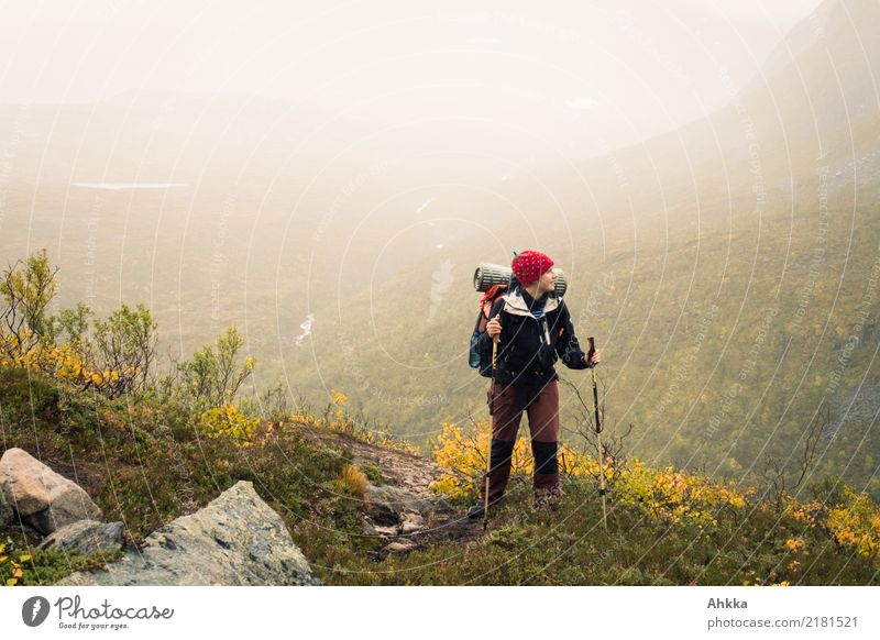 Hiker on the edge of a steep slope in front of a foggy valley ascent Break stop Steep look Valley confident Fog Haze Perspective Hiking Mountain Warm colour