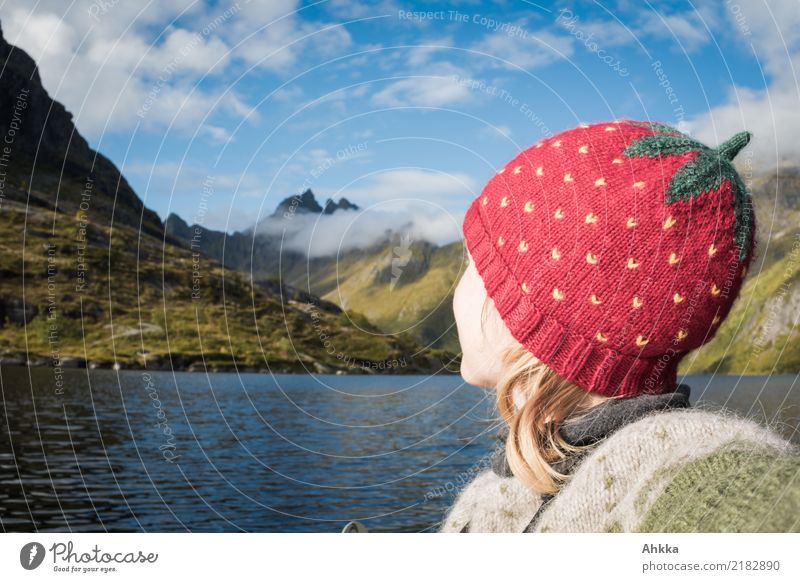 Strawberry cap in front of mountain lake panorama Vacation & Travel Adventure Far-off places Young woman Youth (Young adults) Head Landscape Sky Clouds