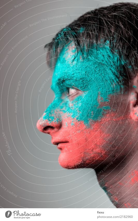 Man with Holi powder in face Multicoloured Holi Kino Powder Blue Red Orange Profile Side Youth (Young adults) Young man Face Head Close-up