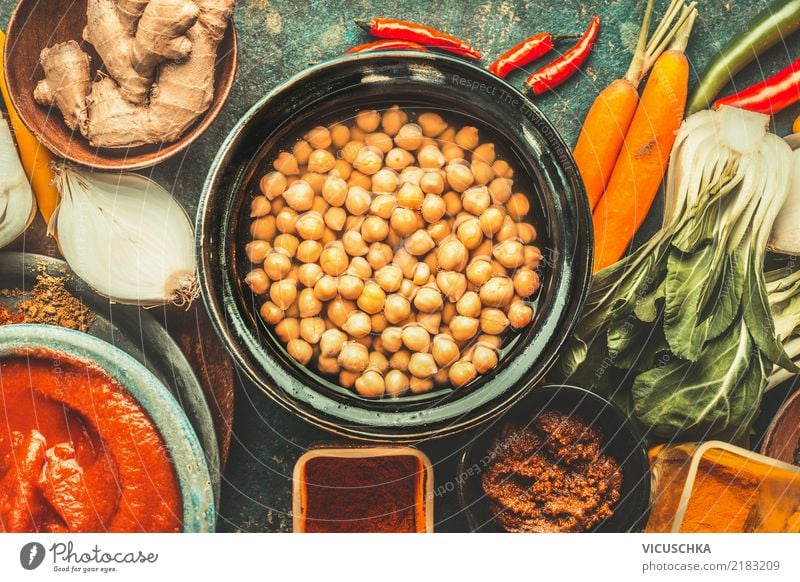 Chick peas with vegetarian cooking ingredients. Food Vegetable Grain Herbs and spices Nutrition Lunch Organic produce Vegetarian diet Diet Asian Food Crockery