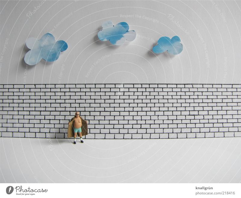 exhibitionist Human being Masculine Man Adults 1 Clouds Wall (barrier) Wall (building) Looking Stand Wait Blue Brown Black White Whimsical Exhibitionism