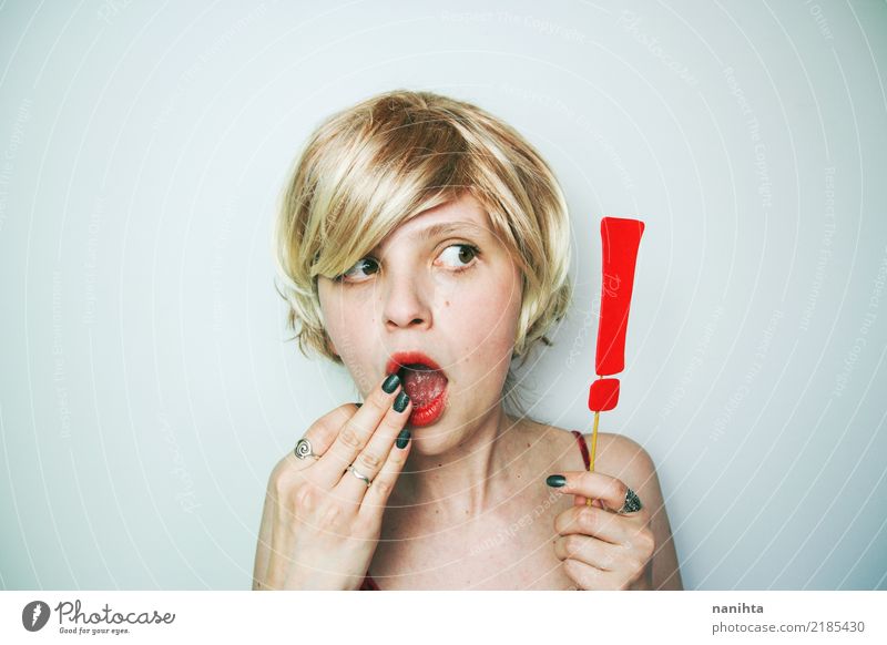 Young surprised woman with a red exclamation mark Face Human being Feminine Young woman Youth (Young adults) 1 18 - 30 years Adults Hair and hairstyles Blonde