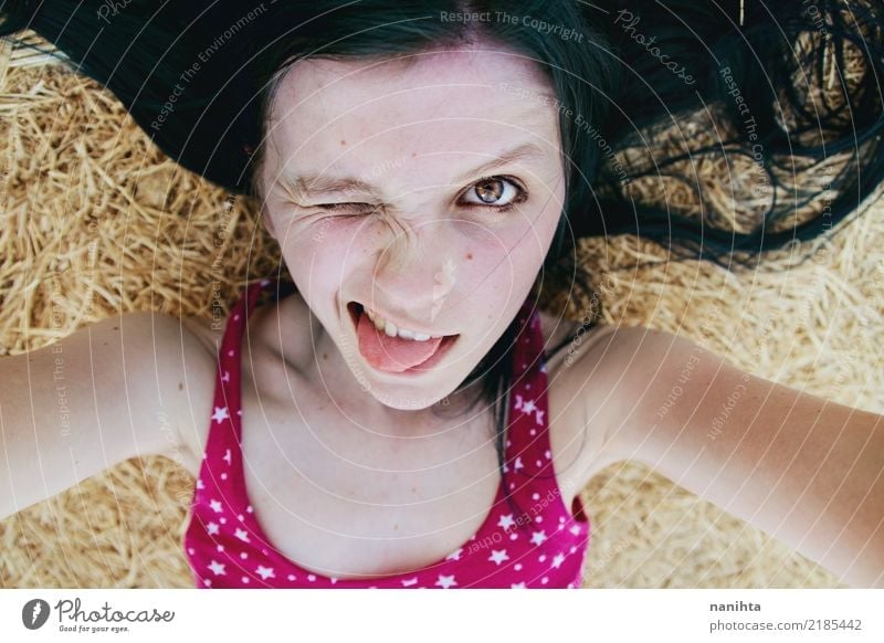 Crazy self-portrait of a young woman Lifestyle Joy Beautiful Face Human being Feminine Young woman Youth (Young adults) 1 18 - 30 years Adults Summer Clothing