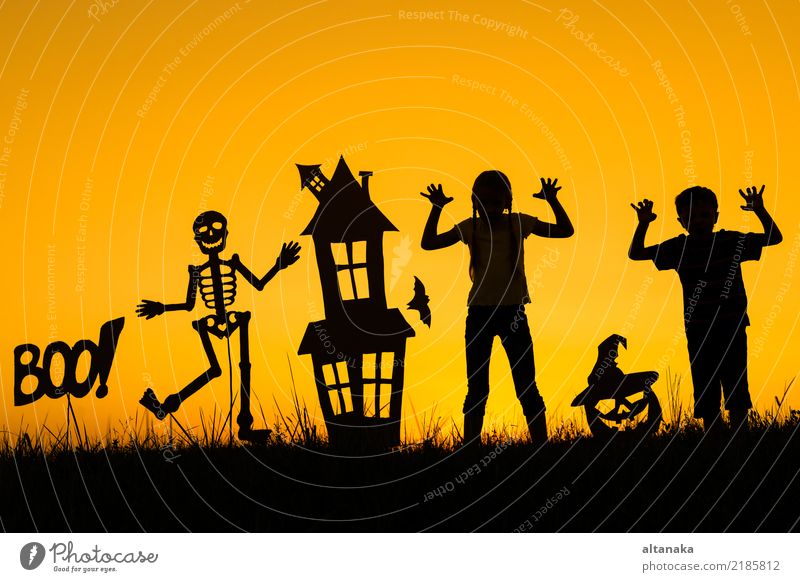 Happy brother and sister playing outdoors at the sunset time. Lifestyle Joy Playing House (Residential Structure) Feasts & Celebrations Hallowe'en Child