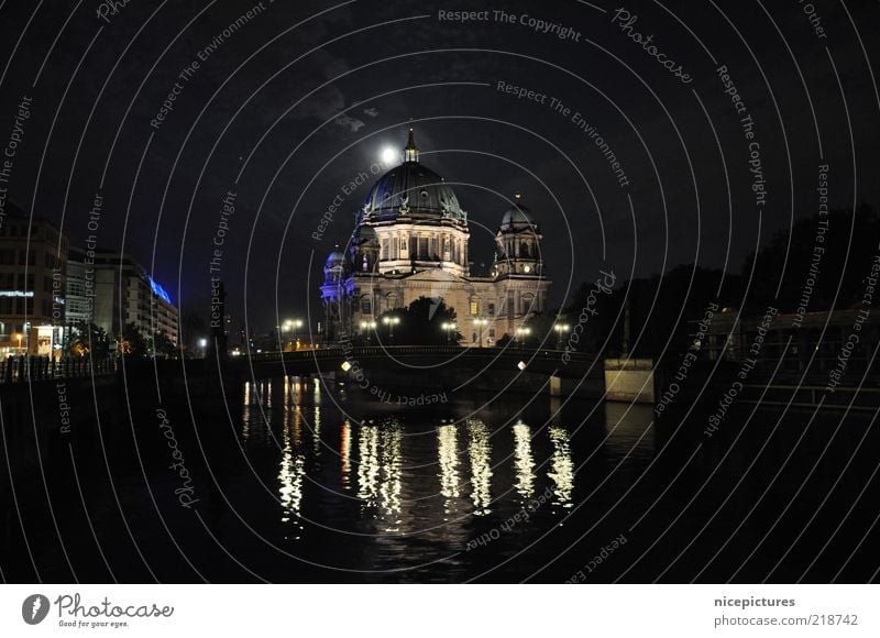 Berlin Cathedral Water Night sky Moon Beautiful weather River Downtown Berlin Dome Manmade structures Building Tourist Attraction Monument Esthetic Authentic