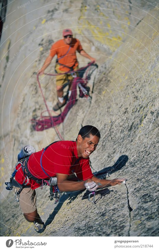 Rock climbing team. Adventure Sports Climbing Mountaineering Rope Man Adults Friendship 2 Human being Athletic Tall Determination Trust Effort Risk Teamwork