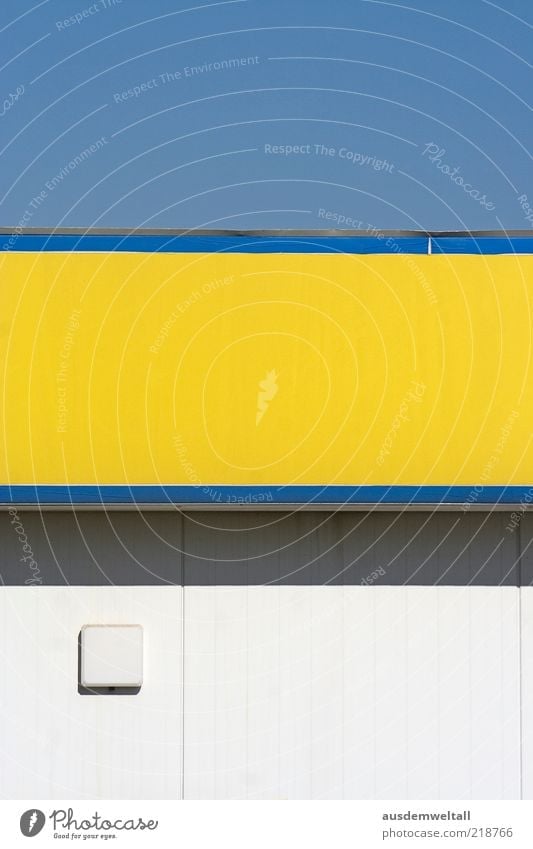 supermarket Blue Yellow Gray White Esthetic Colour photo Multicoloured Exterior shot Deserted Neutral Background Day Light Shadow Contrast Detail Blue sky