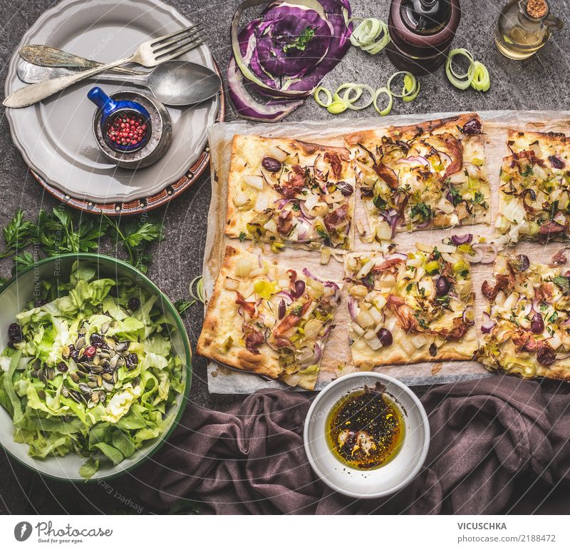 Flammkuchen with salad and dressing Food Vegetable Lettuce Salad Dough Baked goods Herbs and spices Cooking oil Nutrition Lunch Dinner Organic produce