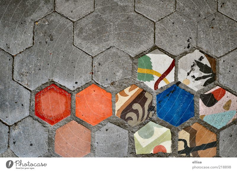 fragment Flower Discover Hexagon Paving stone Tile Pattern Gray Blue Mosaic Multicoloured Copy Space left Copy Space top Deserted Honeycomb pattern Colour photo