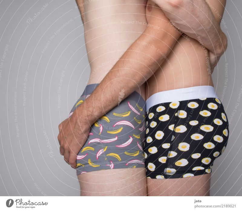 underpants Masculine Homosexual Young man Youth (Young adults) Man Adults Couple Partner Bottom Touch Love Embrace Eroticism Together Passion Acceptance Trust
