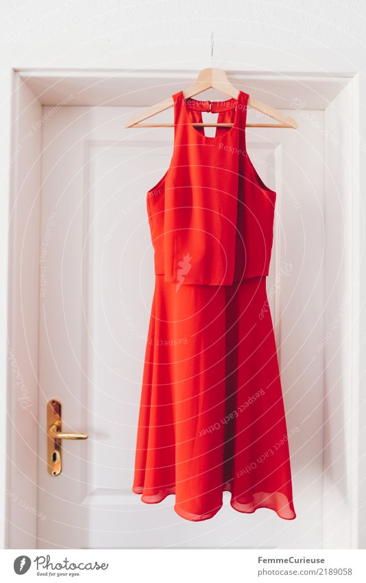 red dress Fashion Clothing Feminine Elegant Red cocktail dress Dress Evening dress Hanger Doorframe White Old building Summery Ladies' fashion Going out Date