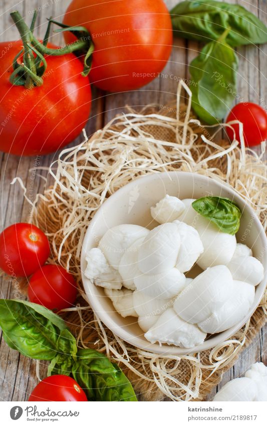 Italian cheese mozzarella nodini with tomatoes and herbs Nutrition Vegetarian diet Bowl Fork Wood Soft Green Red White Tradition Meal mediterranean Mozzarella