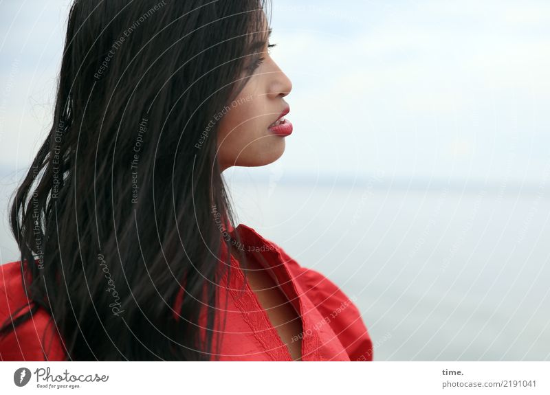 Pinkaholickaye Feminine Woman Adults 1 Human being Water Sky Horizon Baltic Sea Dress Black-haired Long-haired Observe Looking Beautiful Self-confident