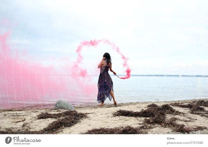pink steam (I) Feminine Woman Adults 1 Human being Sand Sky Coast Beach Baltic Sea Seaweed Dress Black-haired Long-haired colour torch To hold on Going Playing