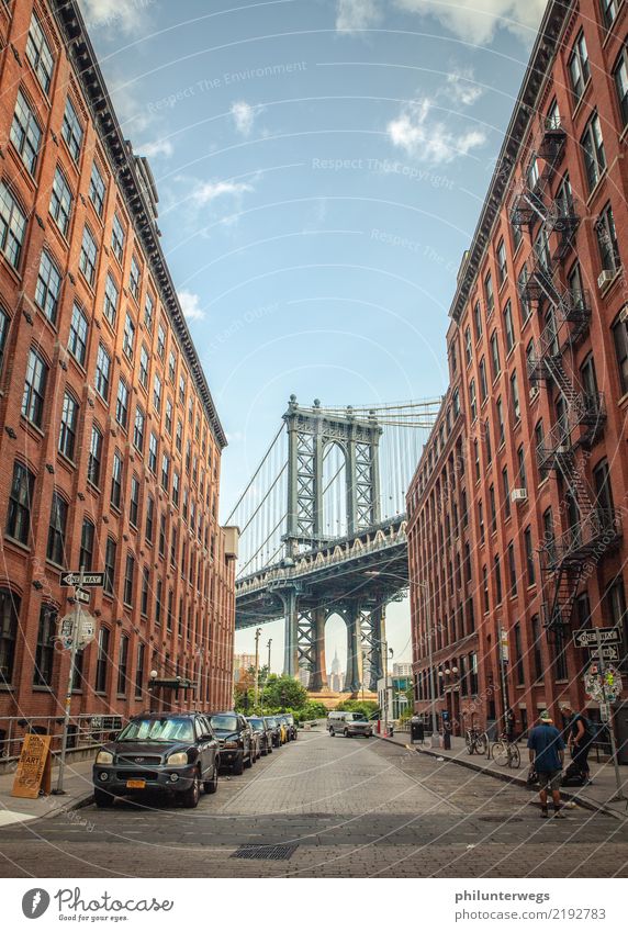 View from Dumbo to the Washington Bridge in New York Technology Sky New York City USA Town Outskirts House (Residential Structure) Industrial plant Factory