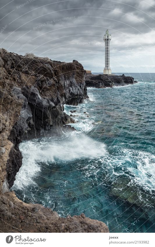 missile test Water Sky Clouds Horizon Rock Waves Ocean Island La Palma Spain Deserted Tower Lighthouse Tall Maritime Modern Round Blue Brown White Design Idea