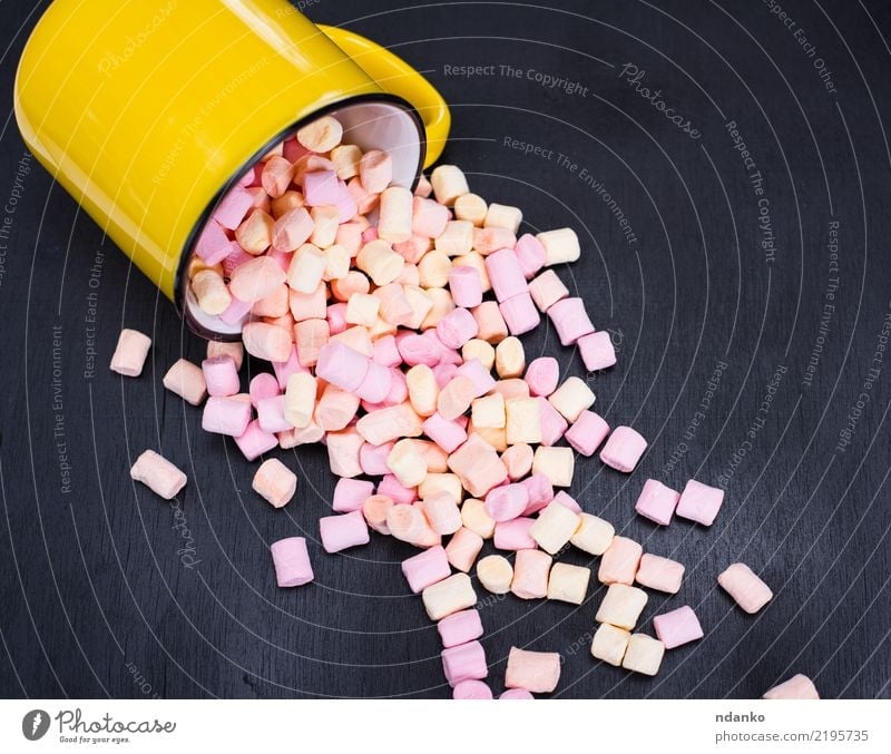 pieces of colorful marshmallows Dessert Candy Cup Table Wood Eating Delicious Soft Yellow Pink Black White background pastel food sweet Sugar Tasty fluffy eat