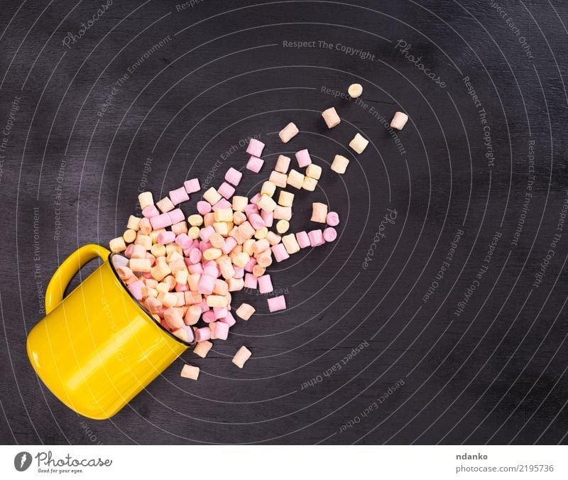 pieces of colored marshmallow Dessert Candy Cup Mug Table Wood Eating Delicious Soft Yellow Pink Black White background colorful pastel food sweet Sugar Tasty