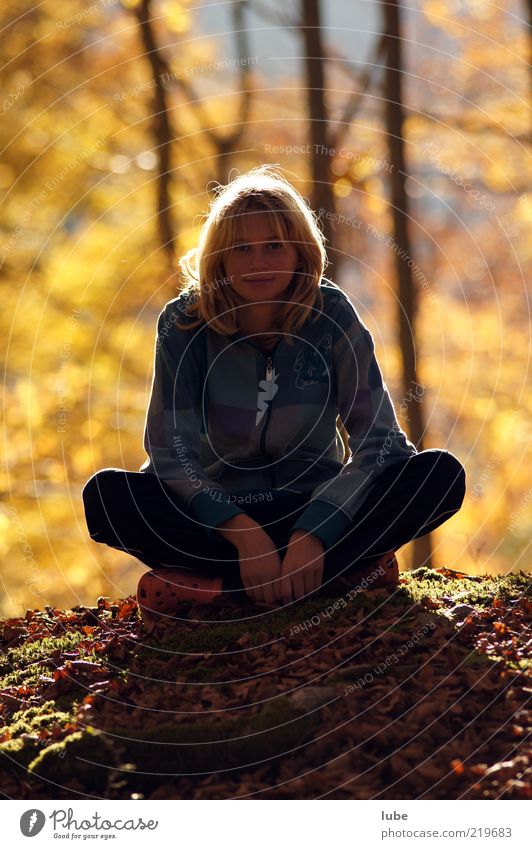 test seating Young woman Youth (Young adults) 1 Human being Autumn Forest Blonde Wait Contentment Sit Rest Meditative Sit Cross Legged Calm Resting point